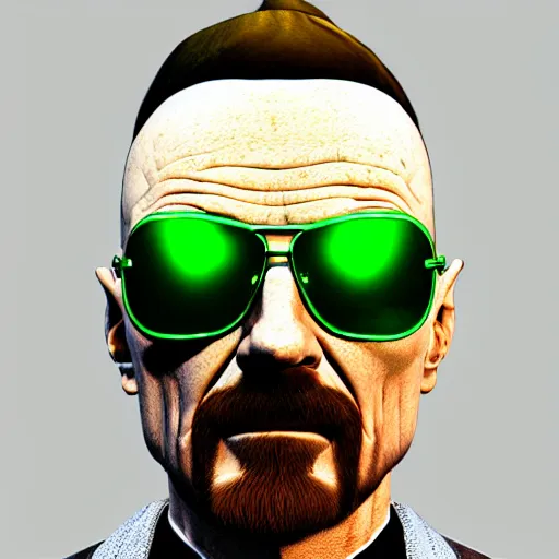 Prompt: walter white, green matrix lines of code, black sunglasses, trending on artstation, CGSociety, Unreal Engine, Blender