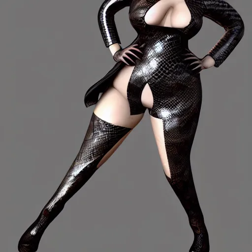 Prompt: curvy feminine hot goth cutie with elegant iridescent dark snakeskin leather dress, mosaic pattern, leather stockings, cgsociety, photorealistic, sublime ambience, idealistic, 16k, smooth, sharp focus, trending on ArtStation, volumetric lighting, fully clothed, worksafe