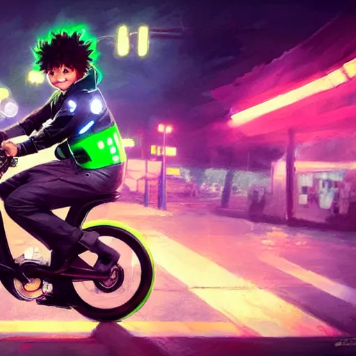 Image similar to realistic Izuku Midoriya riding a neon electric bike, Greg Rutkowski