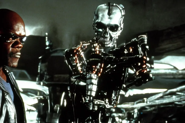 Image similar to Samuel L. Jackson plays Terminator and his endoskeleton is visible, action scene from the film