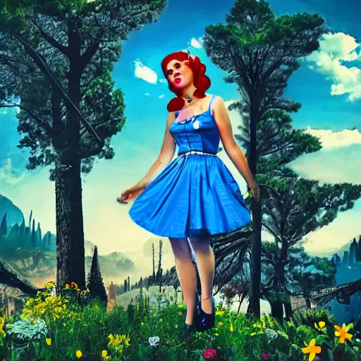 Prompt: giant alice in wonderland, pin up, houses, trees, mountains, woman, city, digital art, photo, blue dress, photoshop, flowers, collage, river