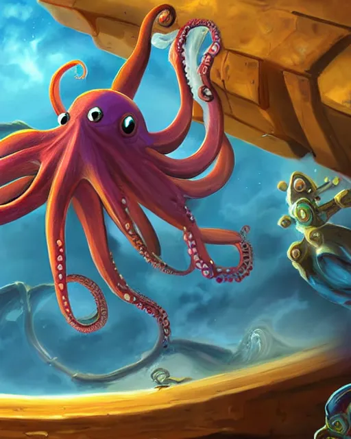 Image similar to octopus flying in space, detailed digital painting, professional concept art, hearthstone