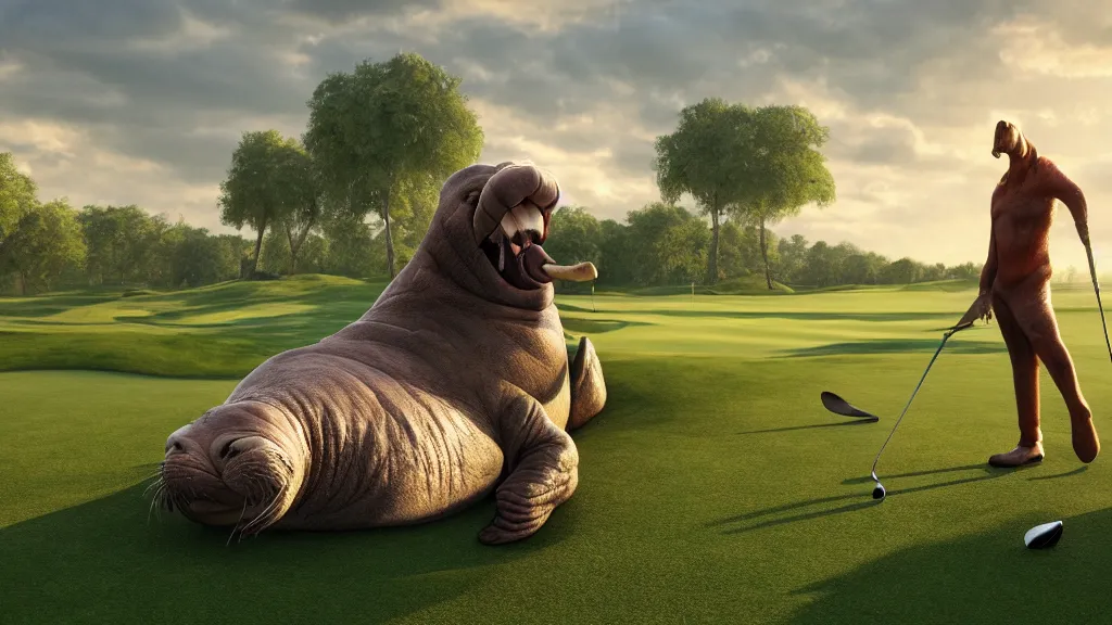 Image similar to a walrus on a golf course, fantasy artwork, hd, hdr, ue 5, ue 6, unreal engine 5, cinematic 4 k wallpaper, 8 k, ultra detailed, high resolution, artstation, award winning