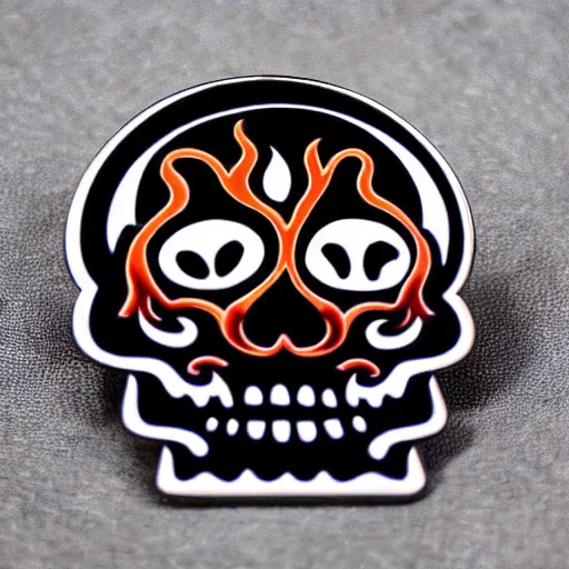 Prompt: a retro minimalistic laughing joyful skull and bones, with fire flame enamel pin