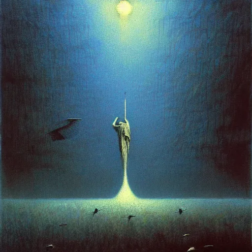 Image similar to hundreds flying birds, shining light, by beksinski, shining light, clouds, architecture, Award winning. Masterpiece, detailed illustration