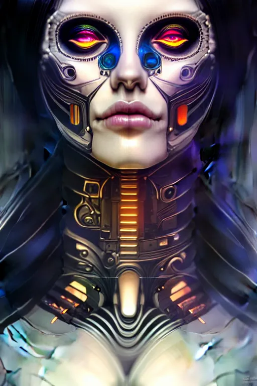 Image similar to ultra detailed portrait of a female android, eyes closed, sci - fi, moody, calm, ( dia de los muertos ), asymmetrical, intricate concept art, art by artgerm and giger and michael welan and alphonse mucha and loish and wlop