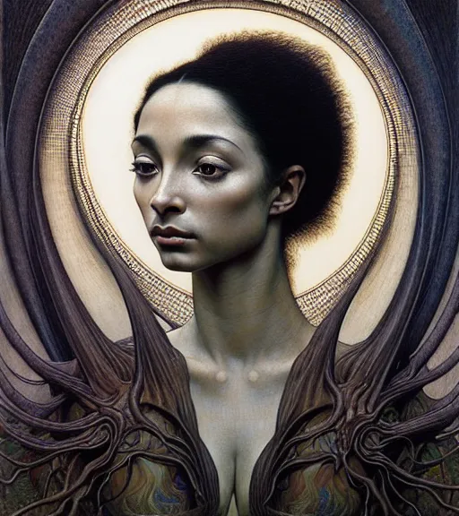 Image similar to detailed realistic beautiful young sade adu face portrait by jean delville, gustave dore and marco mazzoni, art nouveau, symbolist, visionary, gothic, pre - raphaelite. horizontal symmetry by zdzisław beksinski, iris van herpen, raymond swanland and alphonse mucha. highly detailed, hyper - real, beautiful