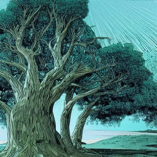 Prompt: a large tree growing from a floating crystal, by moebius