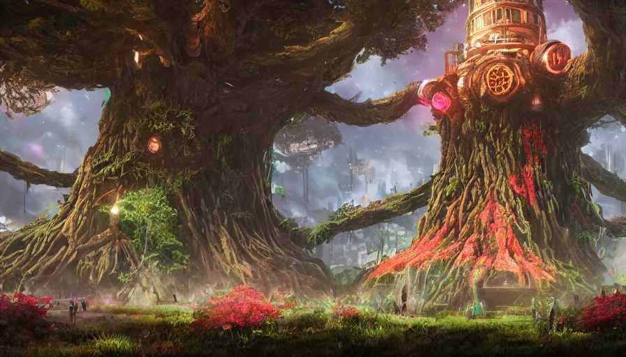 Image similar to ben lo illustration of the largest tree in the world under force field, bioshock concept art, solarpunk, hopeful, colorful, flowers, deity, unreal engine, hyper realism, realistic shading, cinematic composition, realistic render, octane render, detailed textures, photorealistic, wide shot