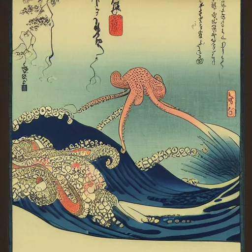 Prompt: octopus, mt fuji, cherry blossoms, big wave, ukiyo-e by Utagawa Kuniyoshi