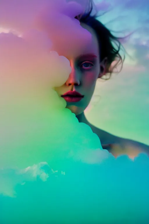 Image similar to high quality pastel coloured film close up wide angle photograph of a model wearing clothing swimming on cloud furniture in a icelandic black rock!! environment in a partially haze filled dreamstate world. three point light, rainbow. photographic production. art directed. pastel colours. volumetric clouds. pastel gradient overlay. waves glitch artefacts. extreme facial clarity. 8 k. filmic.