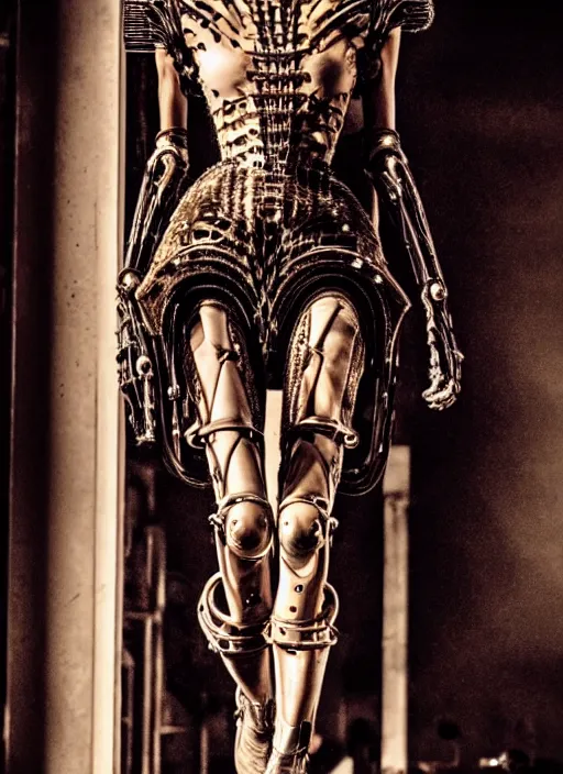 Image similar to walking down the catwalk, steven klein, ben watts, show, stage, vogue photo, podium, fashion show photo, iris van herpen baroque dress, beautiful woman, perfect body, full body shot, helmet on face, masterpiece, guyver, biomechanical details, denis villeneuve, movie still, fauvism, cinestill, bokeh