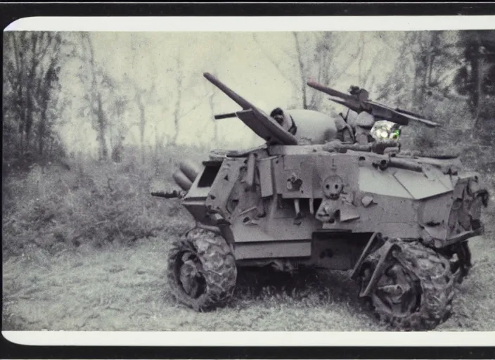 Image similar to found polaroid picture of a world war two 2 with a soviet mech war machine