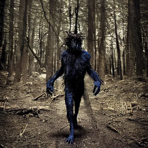 Prompt: werecreature, mixture of human and crow, photograph captured in a forest