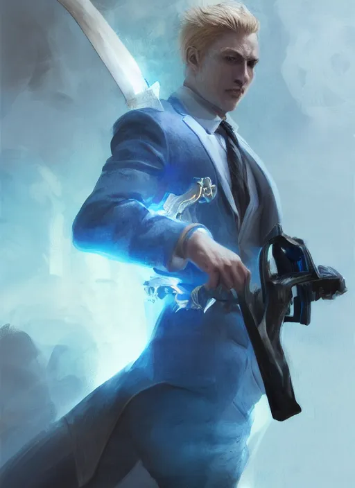 Image similar to side profile of a man with blonde hair in a blue suit wielding a large sword and a gun in a holster, fantasy, digital painting, volumetric light, intricate, sharp, focus, bloom, illustration, highly detailed, concept art, matte, ruan jia, randy vargas, greg rutkowski