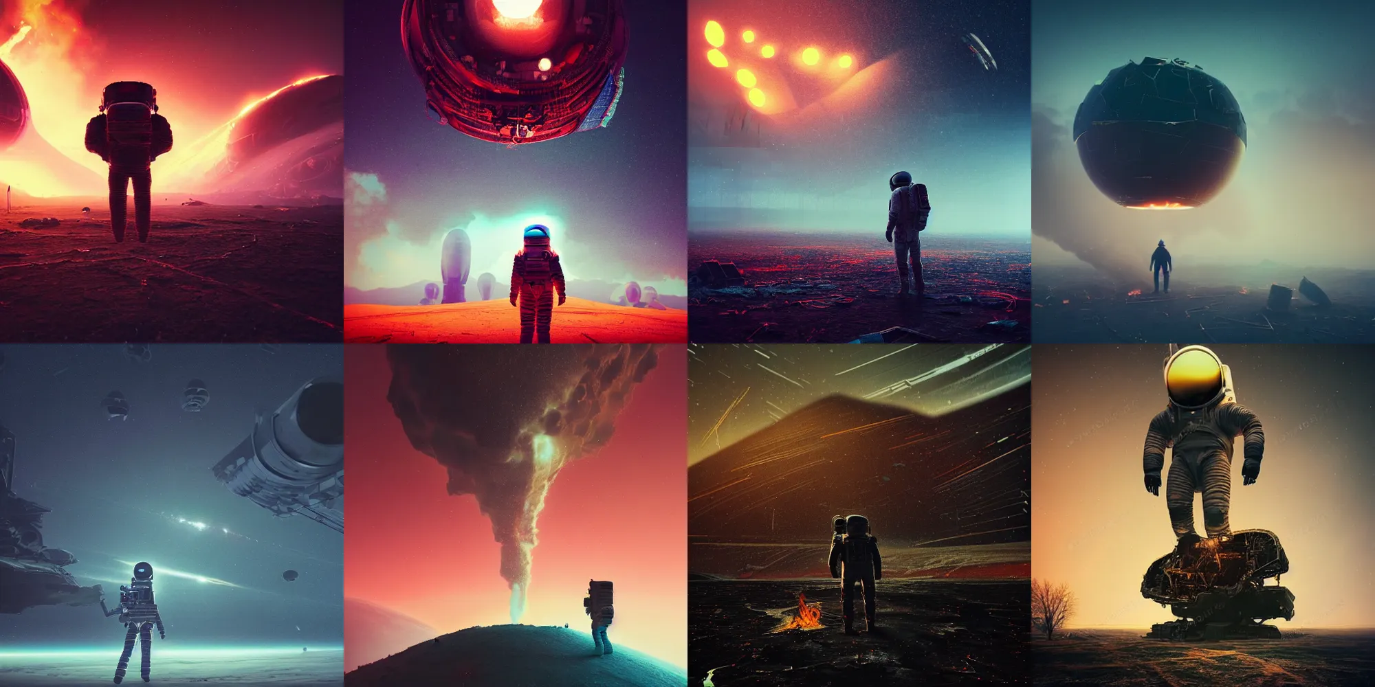 Prompt: beautiful dark landscape, astronaut standing looking, wrecked spacecraft destroyed on fire, in the style of beeple and Mike Winkelmann, intricate, epic lighting, cinematic composition, hyper realistic, 8k resolution,