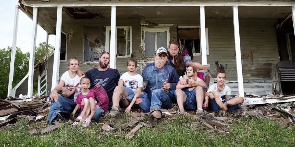 Image similar to photo of unusually small white redneck family sitting on front porch of dilapidated house,