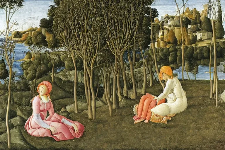 Prompt: two woman net fishing at the river bank on a spring day, sandro botticelli