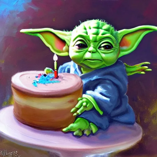 Image similar to (baby yoda grogu) smashing birthday cake into his face, happy birthday, happy birthday candles, mischievous, inquisitive, devious, hilarious, funny, birthday PRESENTS, style of Ralph Horsley, by Ralph Horsley