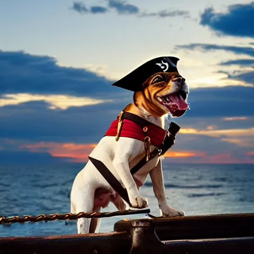 Prompt: a dog dressed like a pirate on a ship at sea at sunset