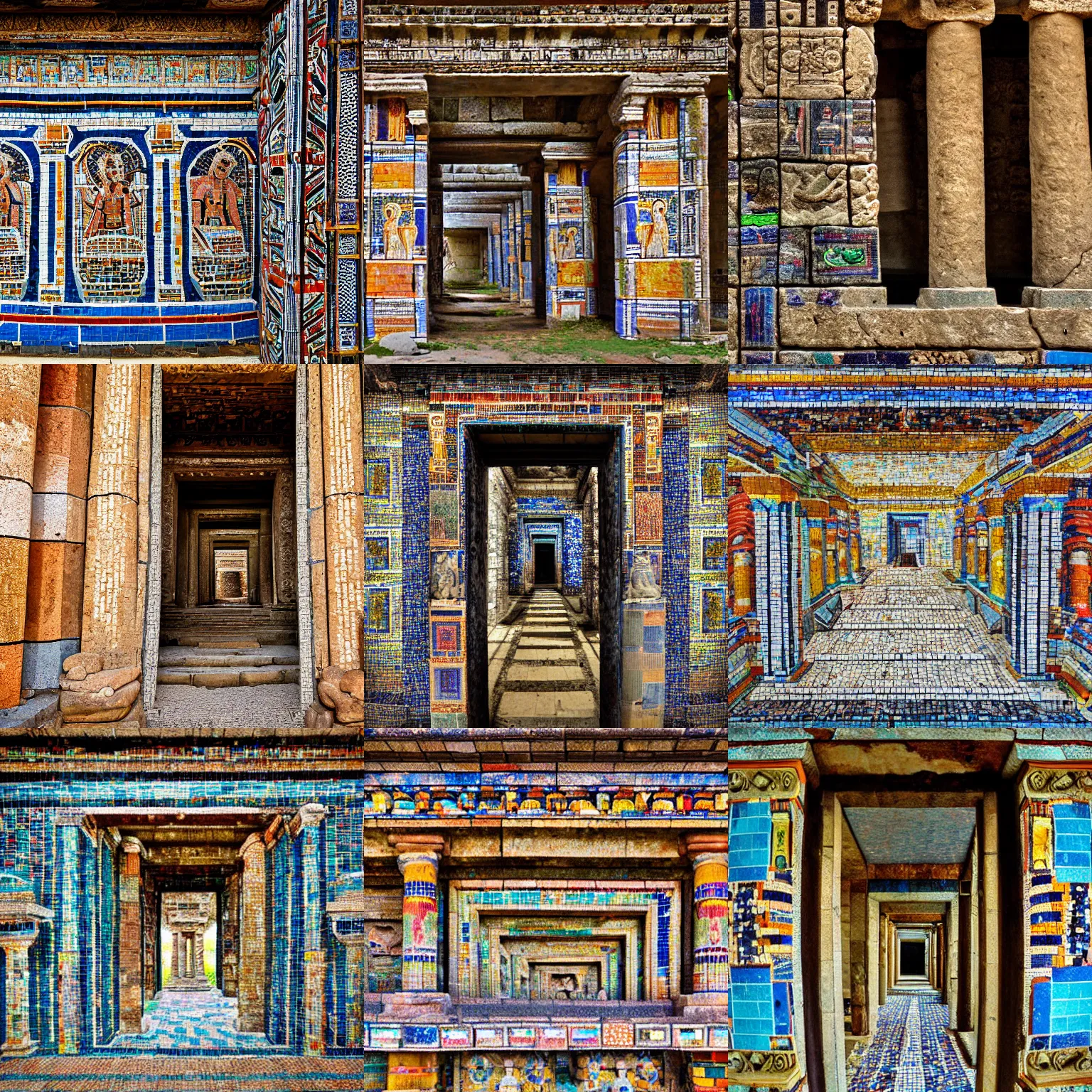 Prompt: hd photograph through a portal of an ancient temple covered in mosaic tiles