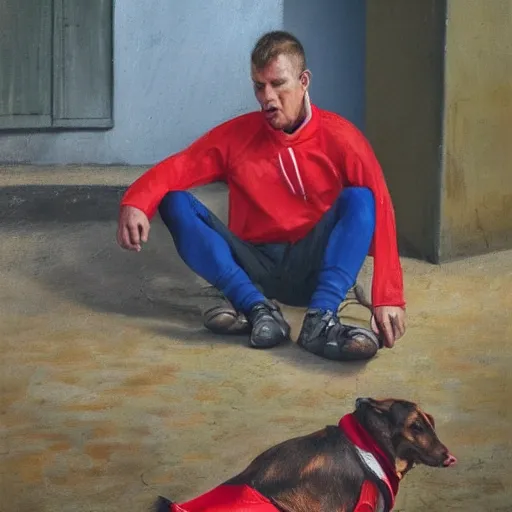 Image similar to a man in cheap and red used sportswear. he is smoking a cigarette. he is sitting on a dead dog. he is on the side of the road. he is wearing slippers. it is a rural scene, in poor village, dramatic lighting, hyper detailed, surreal, hyperrealism, oil painting