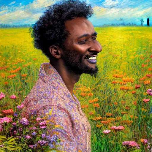 Image similar to an east african man with curly hair in a vast field of flowers, looking off into the sunset, relaxing, wide shot, golden hour, vintage, impressionist painting, fine art, oil painting, dreamy, pastel, laughing, happy, intricate details, sharp, peaceful, serene