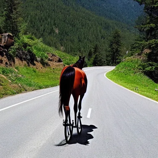 Image similar to horse on bicycle, cycling!!, anthropomorphic, in the mountains