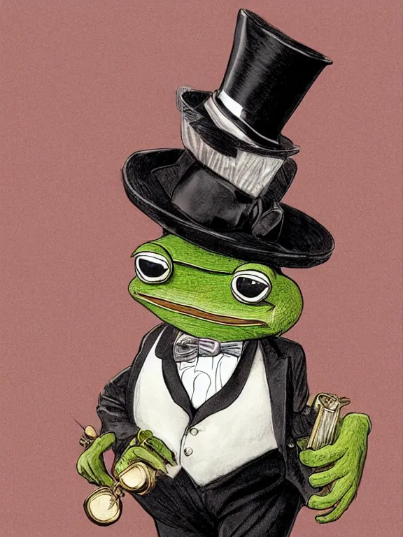 Prompt: pepe the frog at the royal ascot, wearing morning suit and top hat, excited watching the horse races, illustration by Joseph Christian Leyendecker