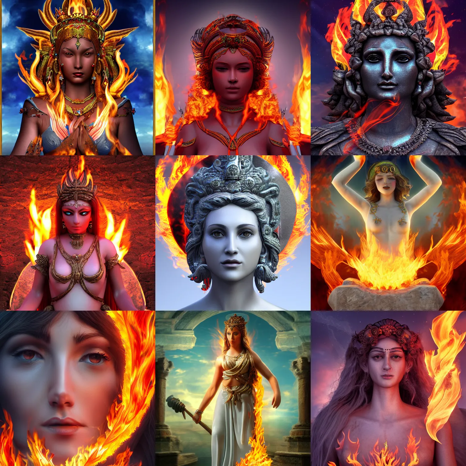 Prompt: goddess of flame, 8 k resolution, ultra realistic, detailed,