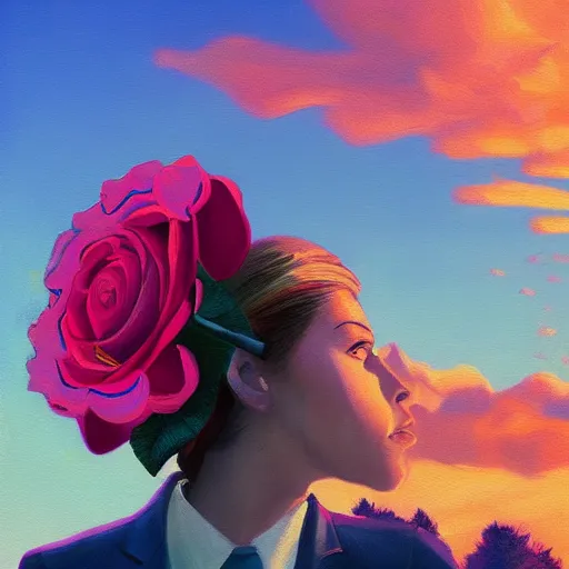 Image similar to closeup, giant rose flower on the head, frontal, girl in a suit, surreal photography, sunrise, blue sky, dramatic light, impressionist painting, digital painting, artstation, simon stalenhag