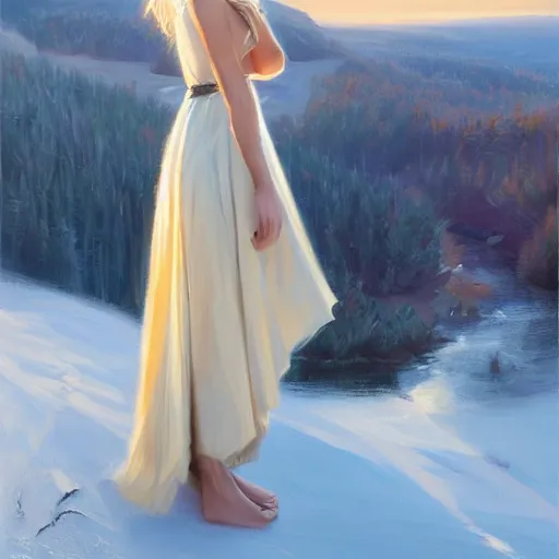 Image similar to blonde female jedi, Swedish countryside, landscape view, archipelago, freedom, dawn, sunrise, beautiful, by Vladimir Volegov, wlop, artstation