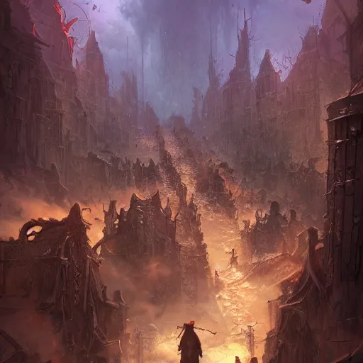 Image similar to Gods walking through hell, fantasy, by Marc Simonetti