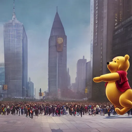 Image similar to screaming winnie the pooh protester sitting in front of 5 9 式 at tiananman square, dystopian, highly detailed, photorealistic, octane render, 8 k, unreal engine. art by artgerm and greg rutkowski and alphonse mucha