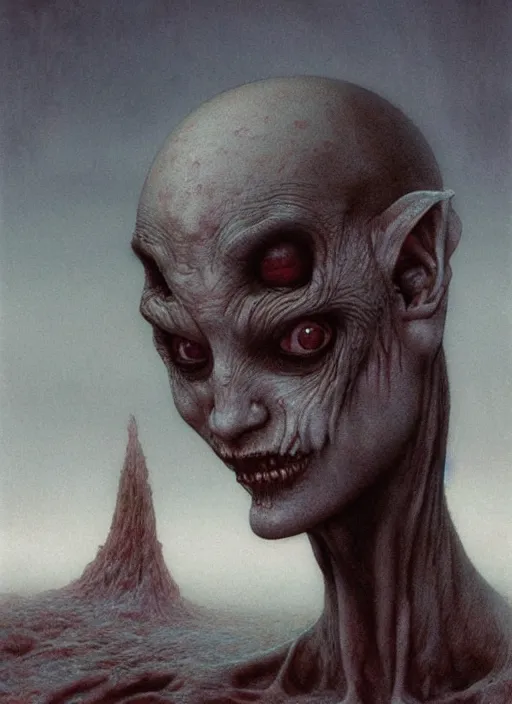 Image similar to bald goblin girl by Beksinski and Luis Royo