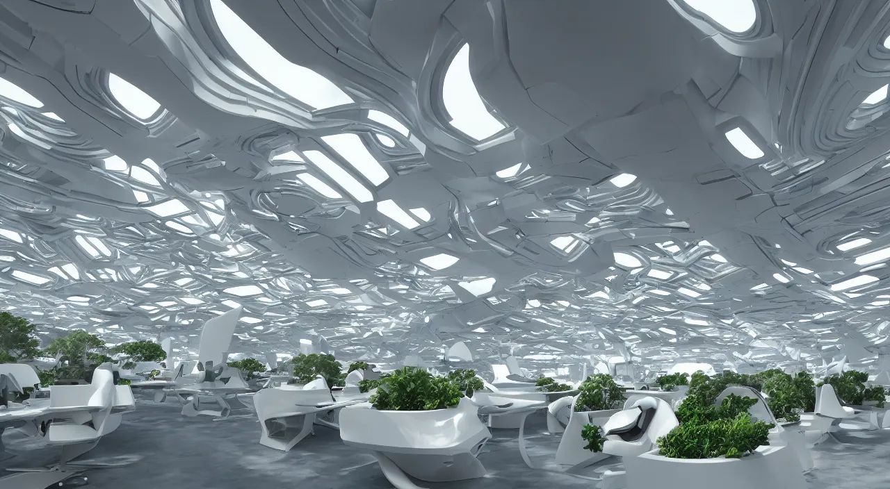 Image similar to futuristic open office with parks and plants, glowing computer screens, made with glossy white plastic and wood, large windows and voluminous light and light rays, extremely intricate, very detailed, in style of zaha hadid, artstation, octane render, cinematic lighting