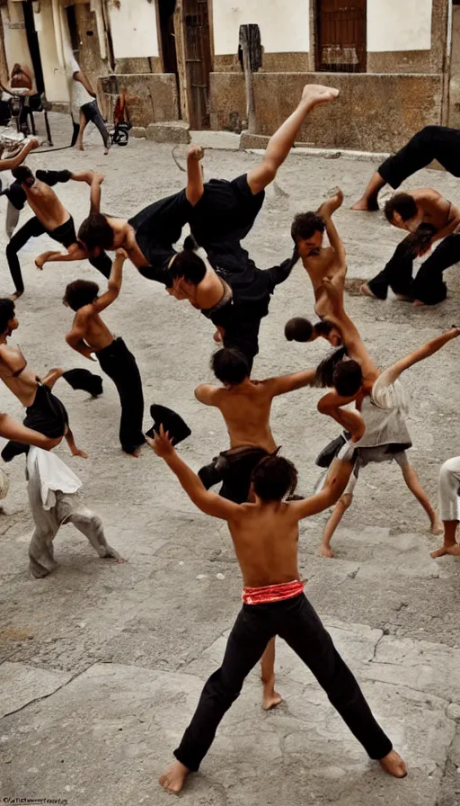 Prompt: wild animals playing capoeira in figueres city, national geographic photograph,