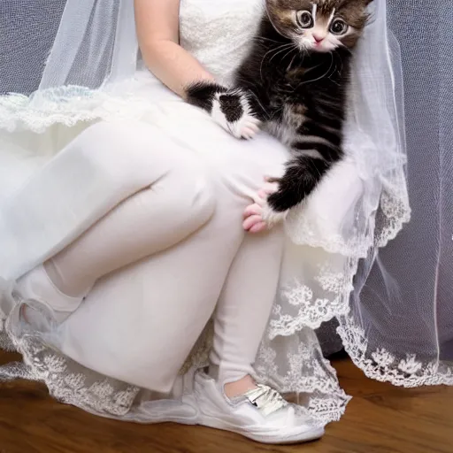 Prompt: cute kitten with a beard wearing bride veil and tennis shoes