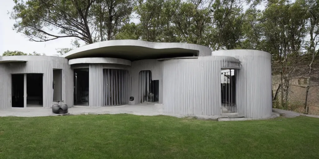 Image similar to modern residence, made from corrugated steel pipe, tube elements, round elements