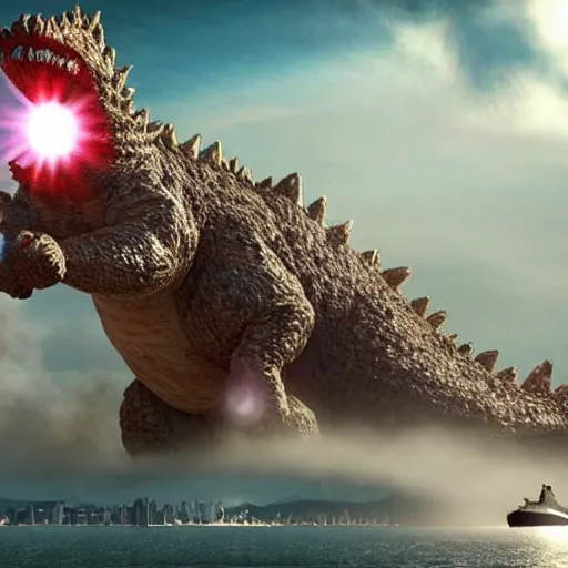 Image similar to masive 1 0 0 meters beagle dog fighting with godzilla over the sea, epic cinematic, 4 k, very high detail