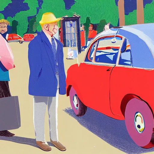 Prompt: an Englishman visits a car boot sale by David Hockney