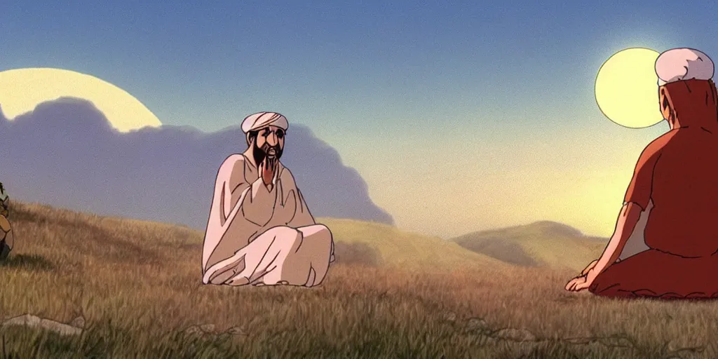 Image similar to a cell - shaded cartoon movie still from princess mononoke ( 1 9 9 7 ) of a middle eastern imam kneeling in prayer. a golden ufo is in the sky. very dull muted colors, hd, 4 k, hq