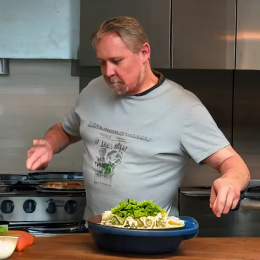 Image similar to middle aged white man making tacos in a big kitchen