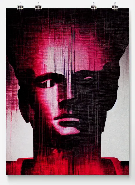 Prompt: dark design poster showing a close up of a statue of apollo, black background with very subtle red and purple design elements, powerful, nekro, vito acconci, thin straight lines, dark, glitch art, neo vaporwave, gritty, layout frame, square, trending on artstation