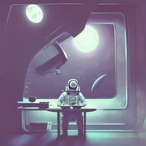 Image similar to a single cosmonaut in a spacesuit drinks a steaming cup of tea at wooden desk in a sci-fi space station. :: by beeple and James Gilleard and Justin Gerard :: the autumn light comes in through a window and dimly illuminates the room. intricate, elegant, highly detailed, trending on artstation, smooth, sharp focus, octane render!!!