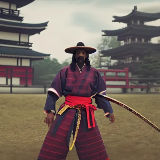 Image similar to cinematic film still of Snoop Dogg starring as a Samurai holding fire, Japanese CGI, VFX, 2022, 40mm lens, shallow depth of field, film photography