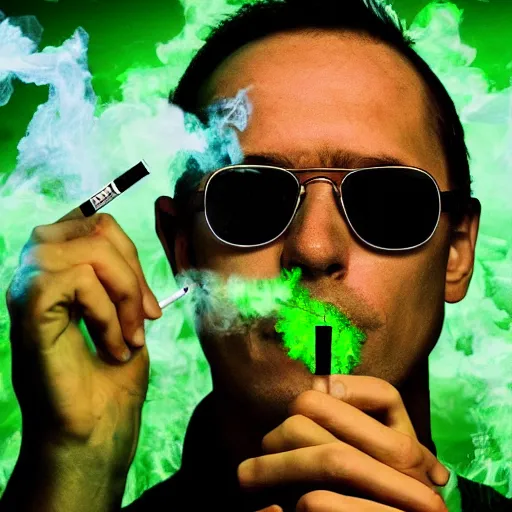 Prompt: electric weed cigarette lit emitting green smoke, commercial photo, ralph steadman style, contest winner, matte painting