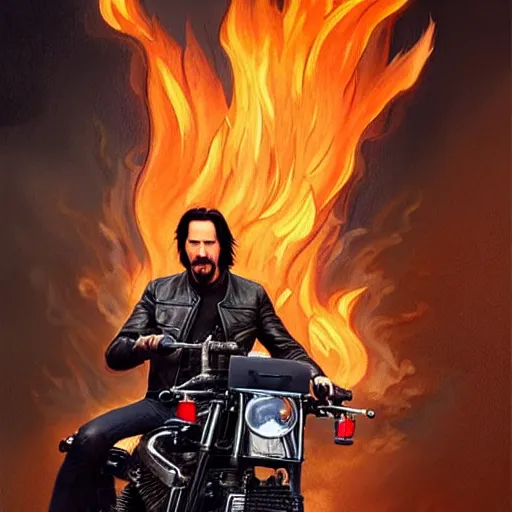 Image similar to handsome Keanu Reeves wearing a leather jacket on fire next to a flaming harley davidson, western, D&D, fantasy, intricate, elegant, highly detailed, digital painting, artstation, concept art, matte, sharp focus, illustration, art by Artgerm and Greg Rutkowski and Alphonse Mucha