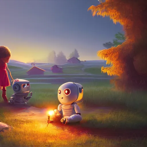 Image similar to cottagecore illustration of children playing with a smiling roboton a peaceful morning, pixar and disney animation, sharp, rendered in unreal engine 5, art by greg rutkowski, bloom, dramatic lighting, sunrise