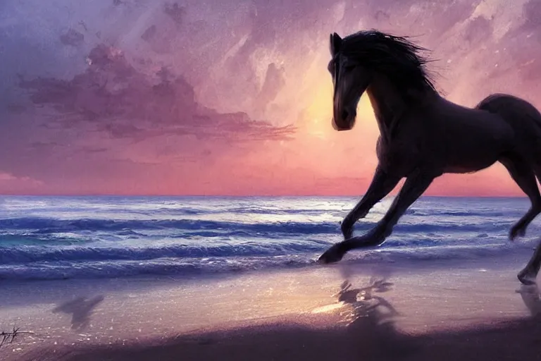 Image similar to a horse running on the beach at sunset by greg rutkowski